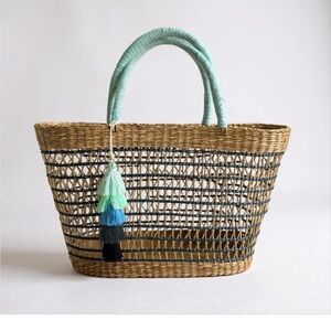 Haute Hippie Tan and Blue Tote with Geometric Trim